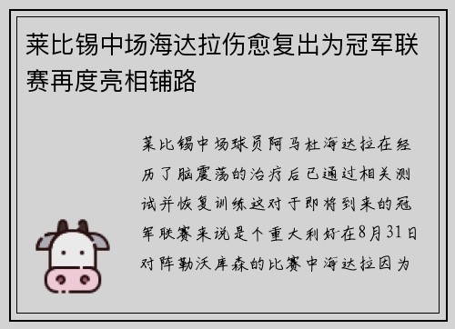 莱比锡中场海达拉伤愈复出为冠军联赛再度亮相铺路